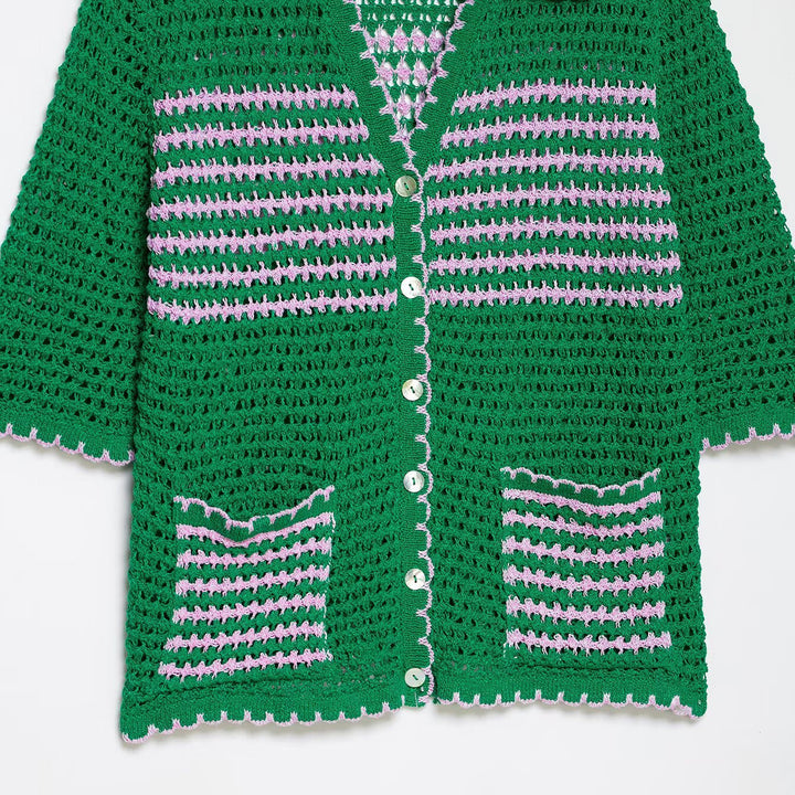 Damen Häkelstrickjacke mit kurzem Arm, Knopfleiste und Vintage-Kragen Echo Archiv