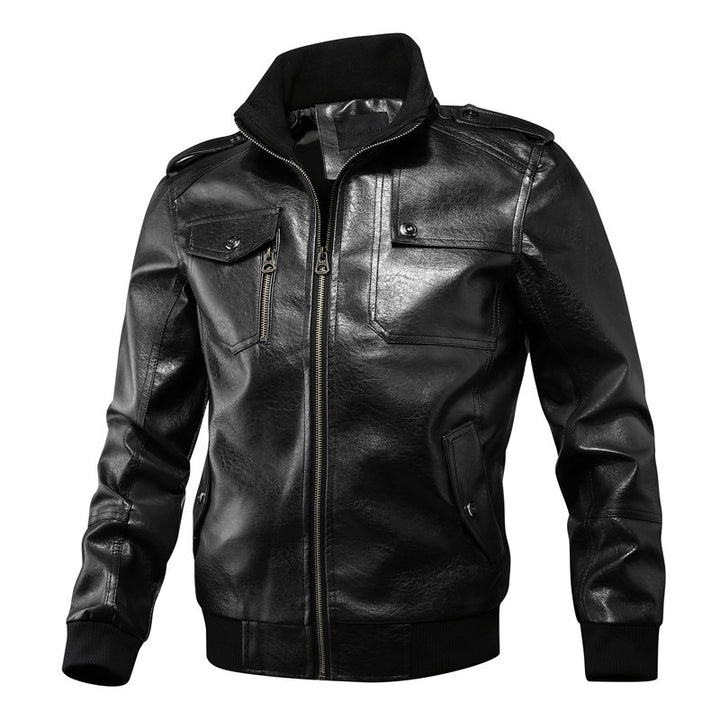 Herren Kunstleder-Flightjacke mit Brust- und Reißverschlusstaschen, Stehkragen und Rippbündchen – Taviero