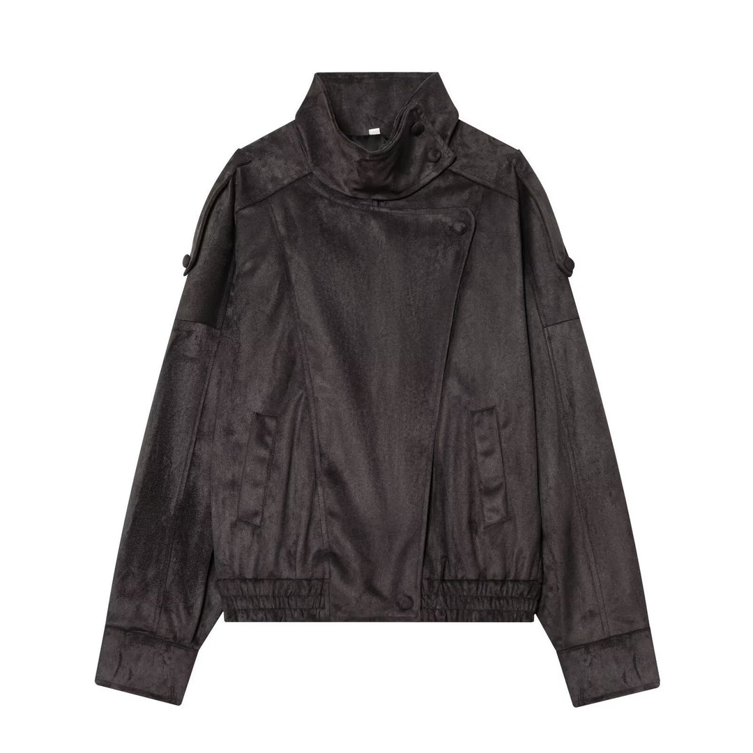 Damen Kurze Velours‑Optik Bomberjacke mit hohem Stehkragen und asymmetrischer Knopfleiste Echo Archiv