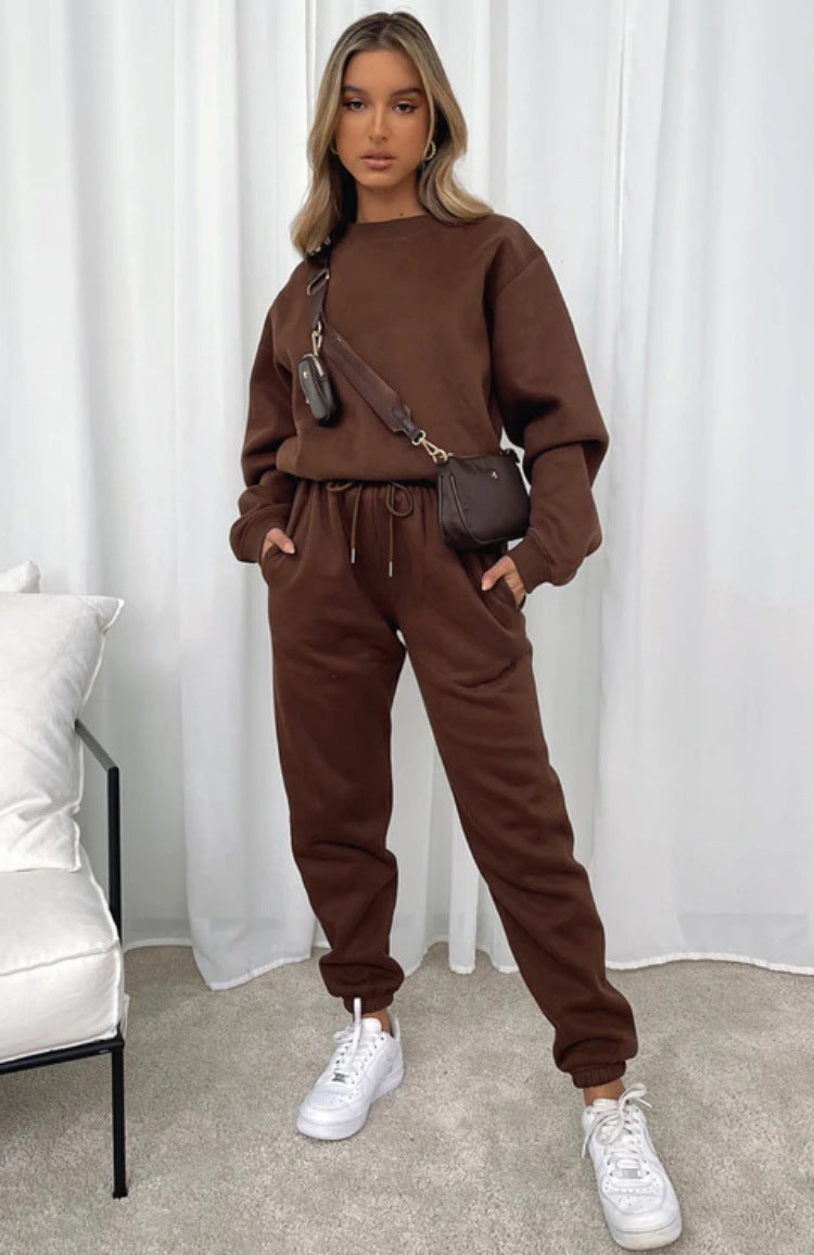 Damen zweiteiliges Cozy-Loungewear-Set mit Oversize-Rundhals und hochgeschnittener Jogginghose mit Kordelzug – Élanora