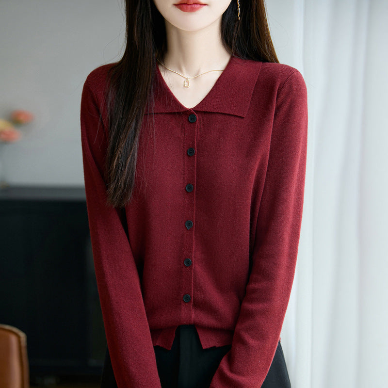Damen Leichter Feinstrick-Cardigan mit breitem Hemdkragen und Frontknopfleiste Echoarchiv
