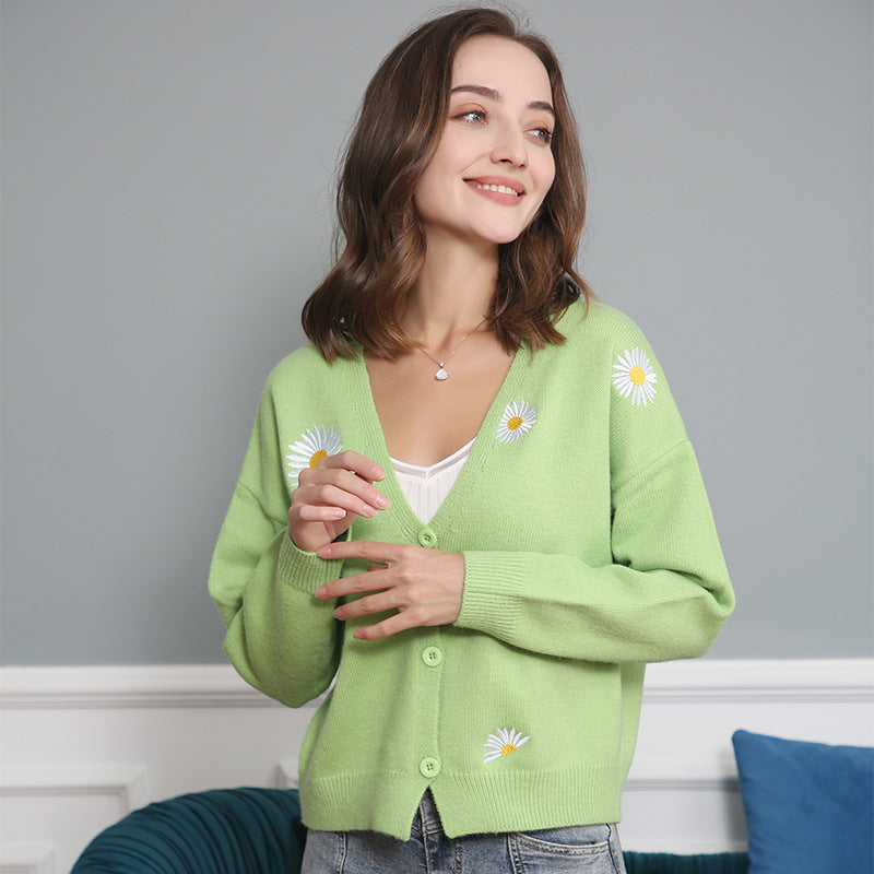 Damen Kurzgeschnittener V-Ausschnitt-Strickcardigan mit gestickten Gänseblümchen und Rippbündchen Echo Archiv