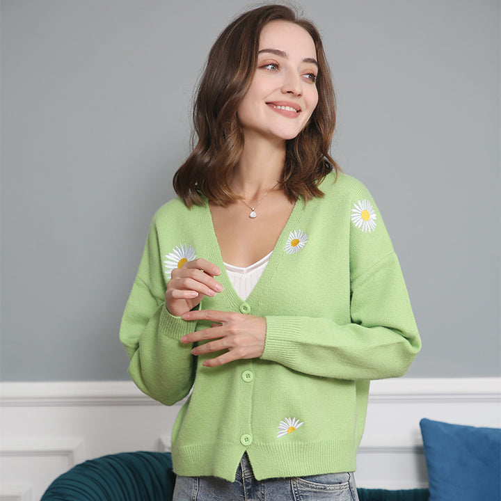 Damen Kurzgeschnittener V-Ausschnitt-Strickcardigan mit gestickten Gänseblümchen und Rippbündchen Echo Archiv