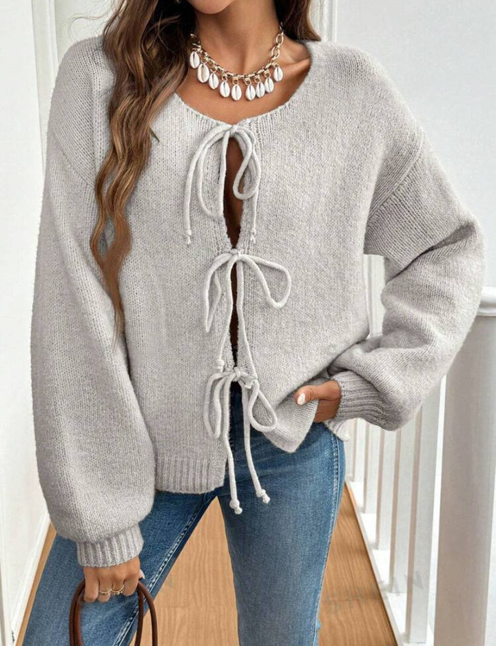 Damen Kurzcardigan mit Bindebändern, Oversize‑Silhouette und Ballonärmeln – Veloura
