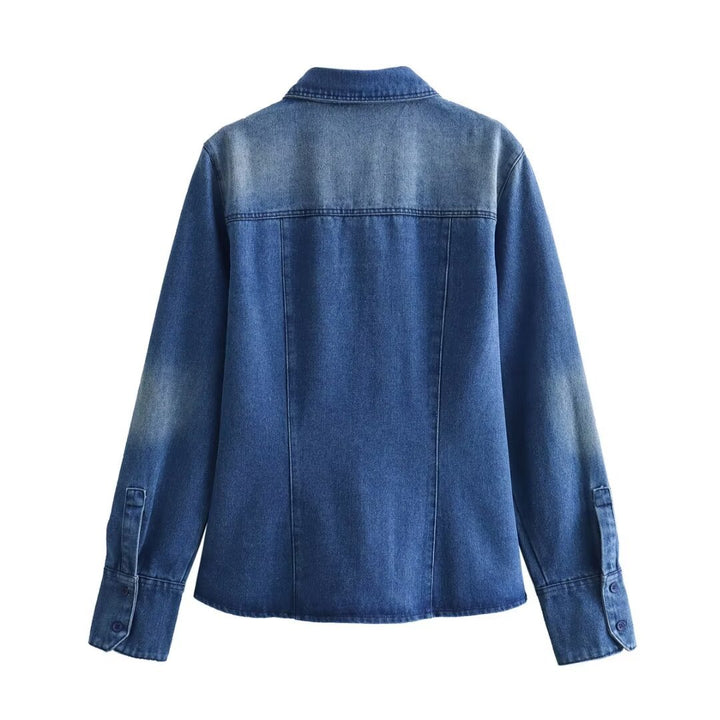 Damen leichte Vintage-Denim-Bluse im Relaxed-Fit mit aufgesetzter Brusttasche und durchgehender Knopfleiste – Maréline