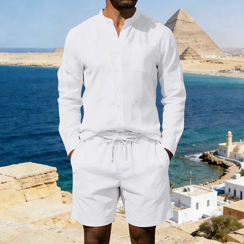 Herren nan sommerliches Leinen-Set mit Stehkragenhemd und Kordelzug-Kurzhose Echo Archiv