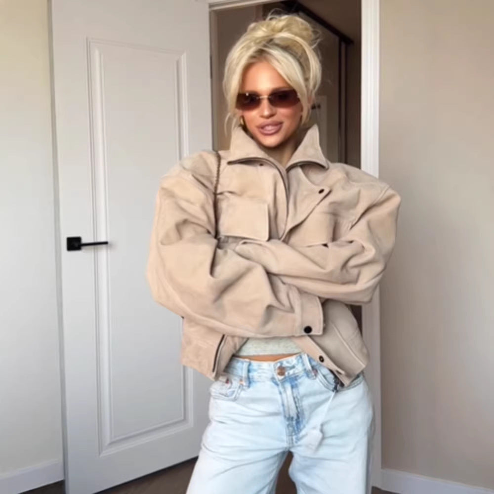 Damen Oversize Wildlederoptik Jacke mit Pattentaschen und Stehkragen Echoarchiv