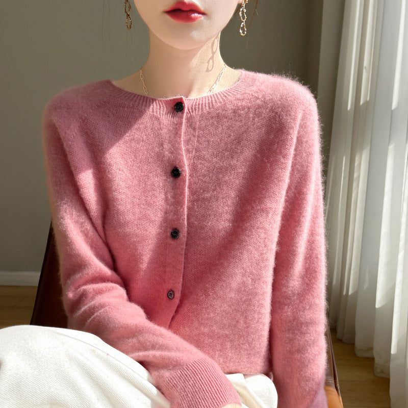 Damen Kurzgeschnittener Feinstrick-Cardigan mit Rundhalsausschnitt und schimmernder Knopfleiste Echoarchiv