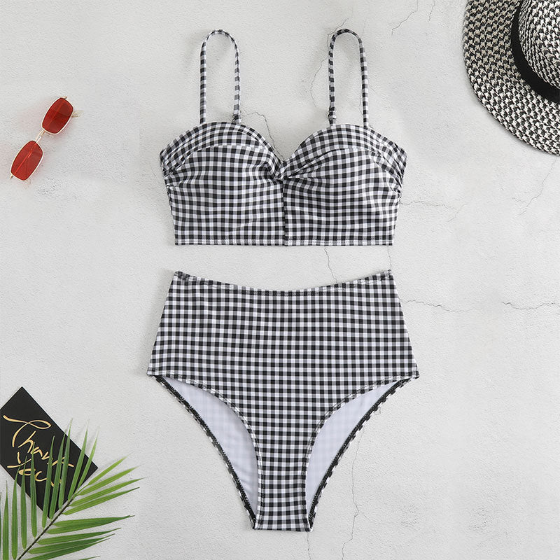 Damen Hochgeschnittener Karo-Bikini mit gepolstertem Oberteil Echo Archiv