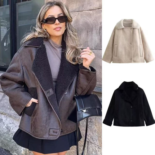 Damen nan kurze Winterjacke mit weichem Teddyfutter, Umschlagkragen und Knopfleiste Echo Archiv