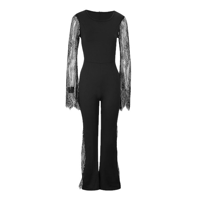 Damen Eleganter Jumpsuit mit schimmernder Spitze und weitem Bein Echo Archiv