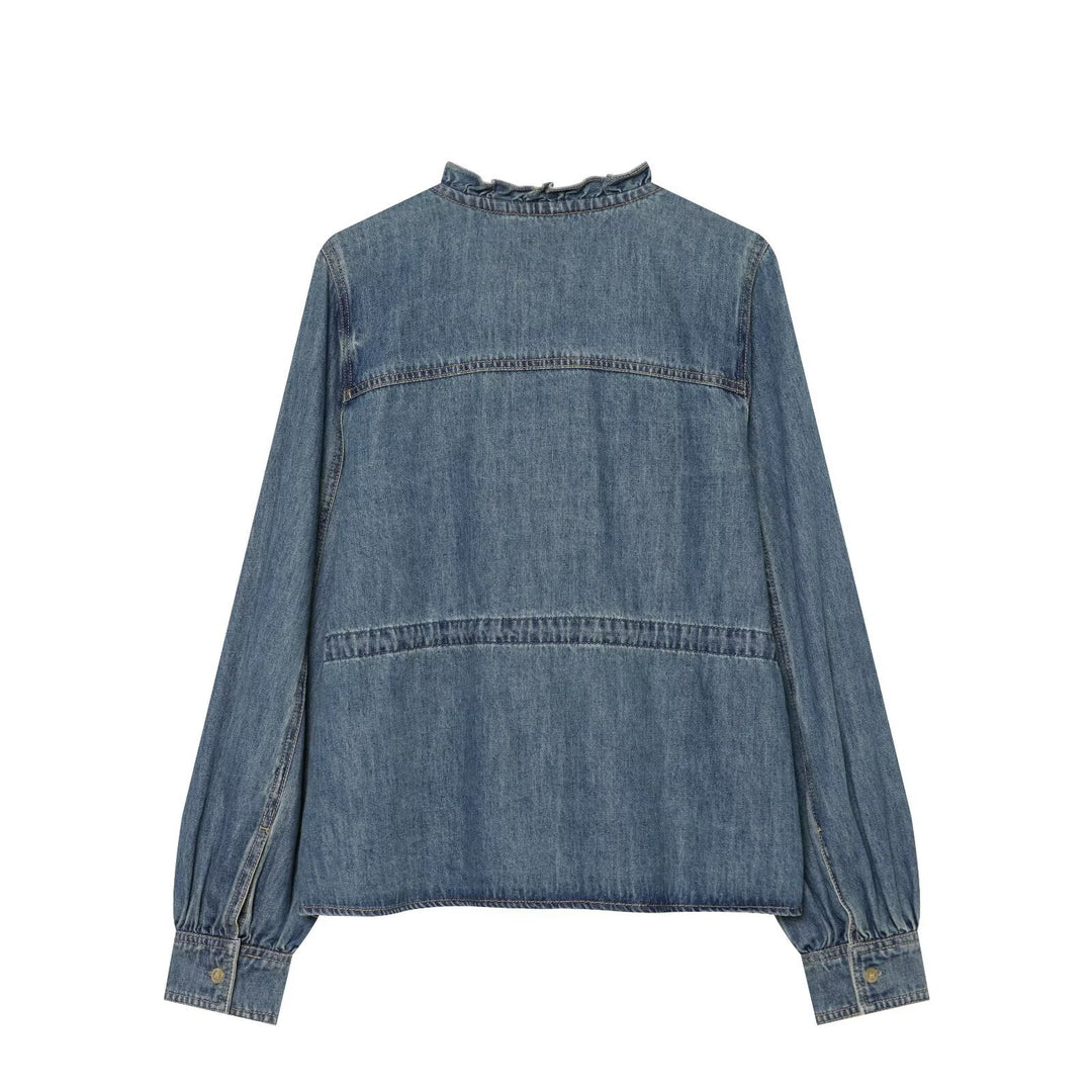 Damen Jeansbluse mit Volantknopfleiste, Tunnelzug‑Taillierung und Rüschkragen Echo Archiv