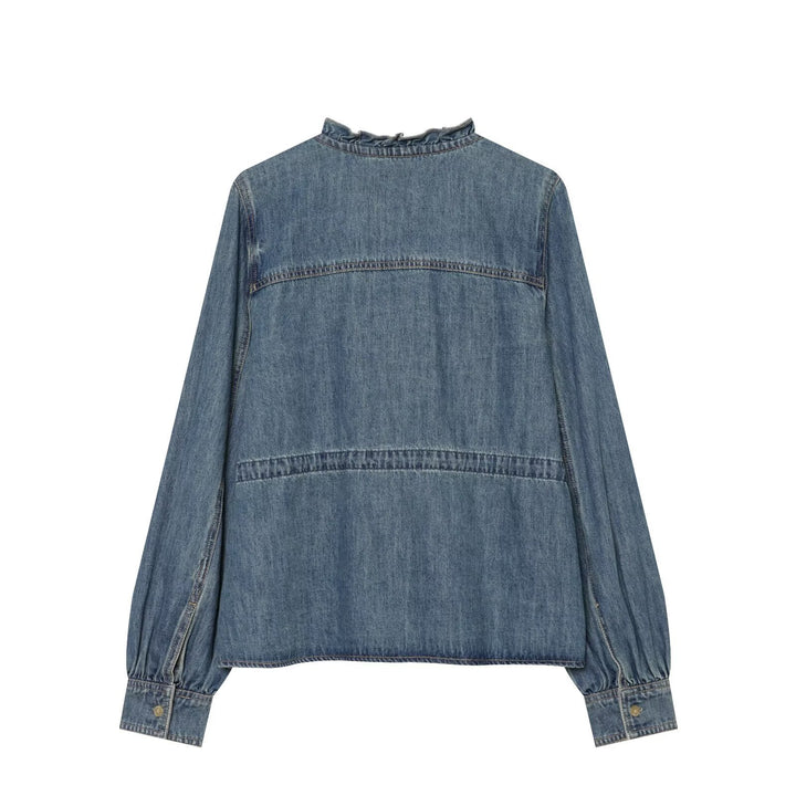 Damen Jeansbluse mit Volantknopfleiste, Tunnelzug‑Taillierung und Rüschkragen Echo Archiv