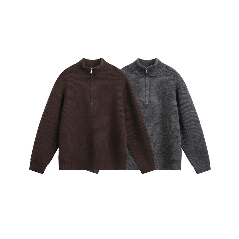 Unisex Grobstrick-Pullover mit halbem Reißverschluss und Stehkragen Echoarchiv