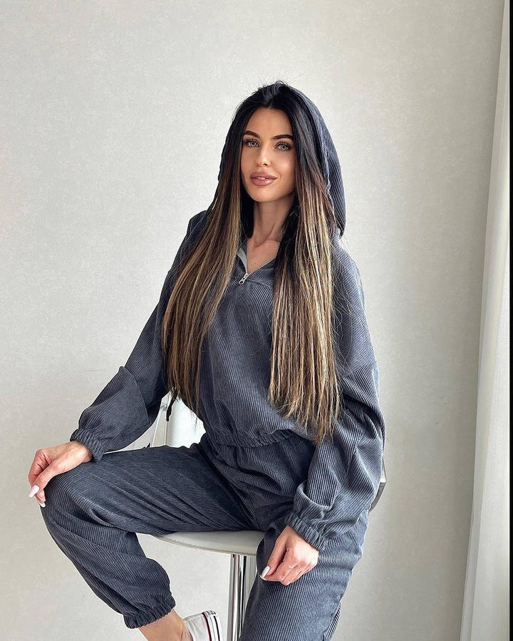 Damen Cordstoff Loungewear-Set mit Kapuzenpullover und Jogginghose Echoarchiv