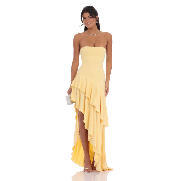 Damen asymmetrisches Abendkleid mit voluminösen Rüschendetails Echo Archiv