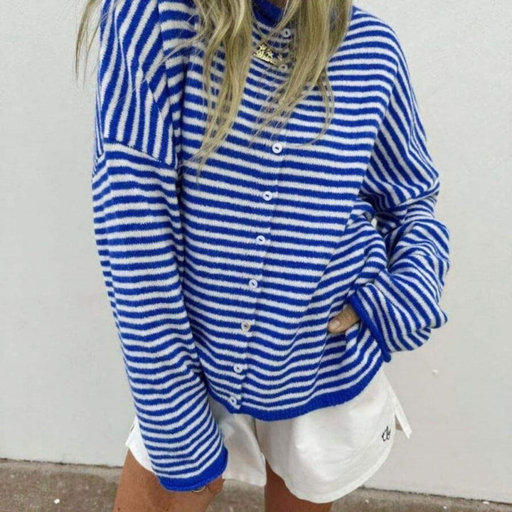 Damen Gestreifter Oversize Strickcardigan mit Knopfleiste und maritimem Look Echoarchiv