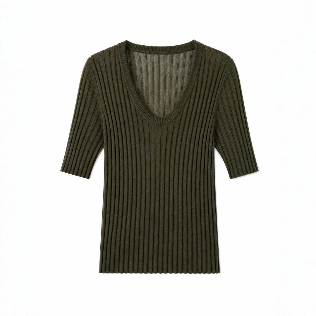 Damen Geripptes Feinstrickshirt mit tiefem U-Ausschnitt und halblangen Ärmeln Echo Archiv