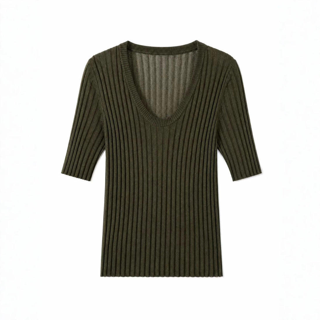 Damen Geripptes Feinstrickshirt mit tiefem U-Ausschnitt und halblangen Ärmeln Echo Archiv