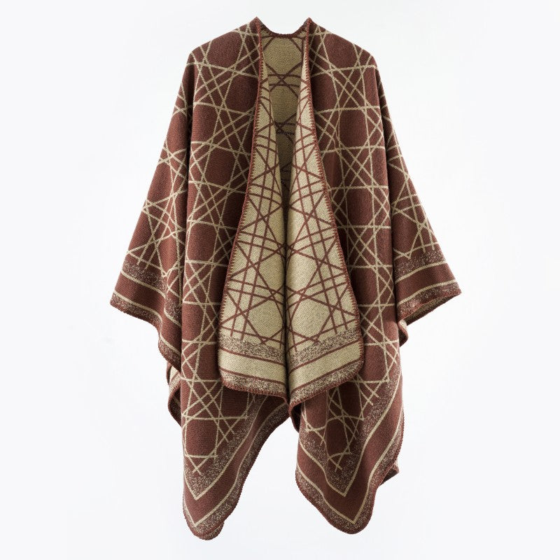 Damen Wendbarer Jacquard-Capeponcho mit geometrischem Allovermuster und offenem Kimono-Fall – Célinea