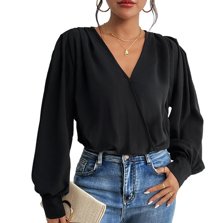 Damen Leichte Wickelbluse mit V-Ausschnitt, gerafften Schultern & Ballonärmeln Echoarchiv