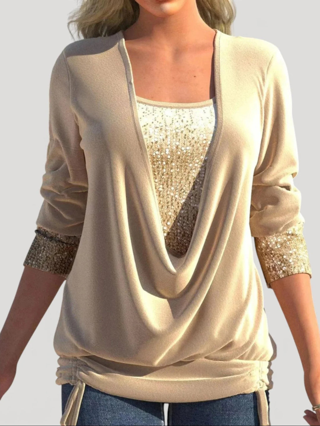 Damen Modischer Drape-Pullover mit Glitzerakzenten