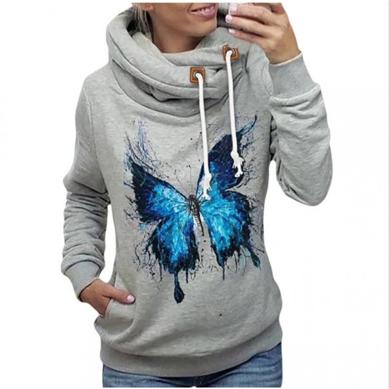 Damen Kapuzenpullover mit hohem Schlauchkragen, Kängurutasche und Schmetterlingsprint – Auréline