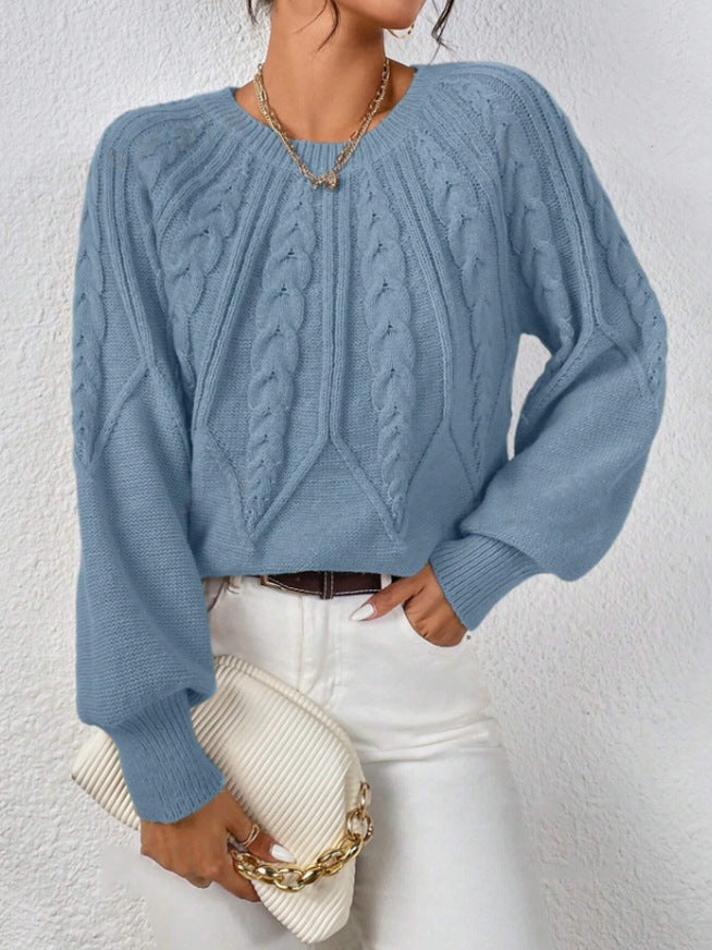 Damen nan kurzer Zopfmuster-Strickpullover mit Ballonärmeln und geripptem Saum Echo Archiv