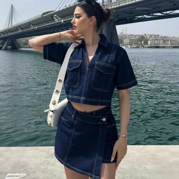 Damen modisches Denim-Kurzoberteil und Rock Set Echo Archiv