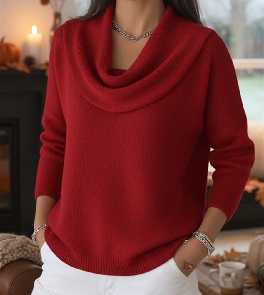 Damen Lässiger Schalkragen-Feinstrickpullover mit überschnittener Schulter und geripptem Saum – Mavelle