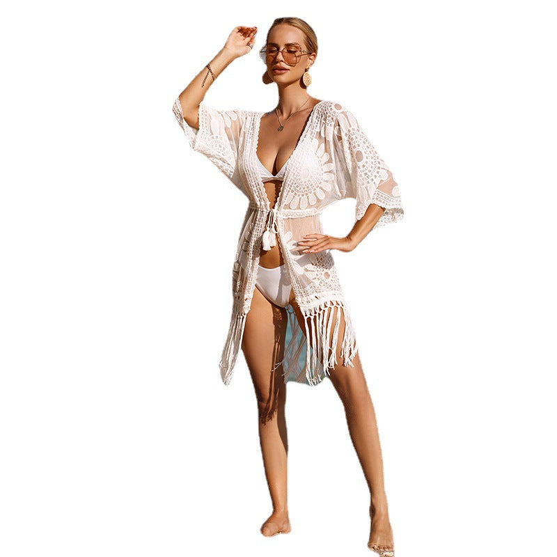 Damen Häkel-Strandüberwurfkleid mit fransigem Saum und floralem Design Echo Archiv