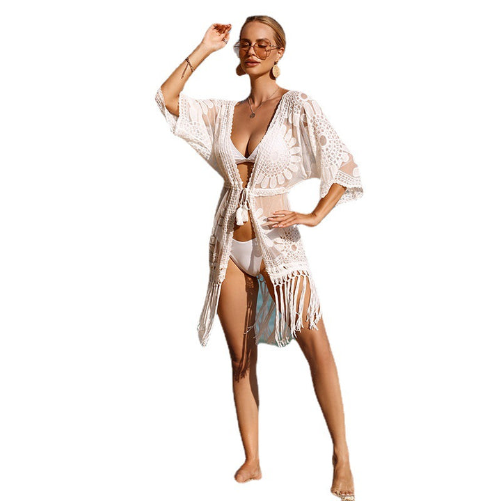 Damen Häkel-Strandüberwurfkleid mit fransigem Saum und floralem Design Echo Archiv
