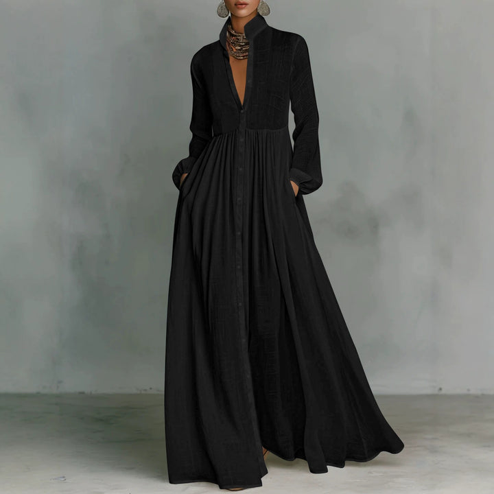 Damen Maxikleid mit Stehkragen, durchgehender Knopfleiste, taillenhoher Raffung und Eingrifftaschen – Valéora