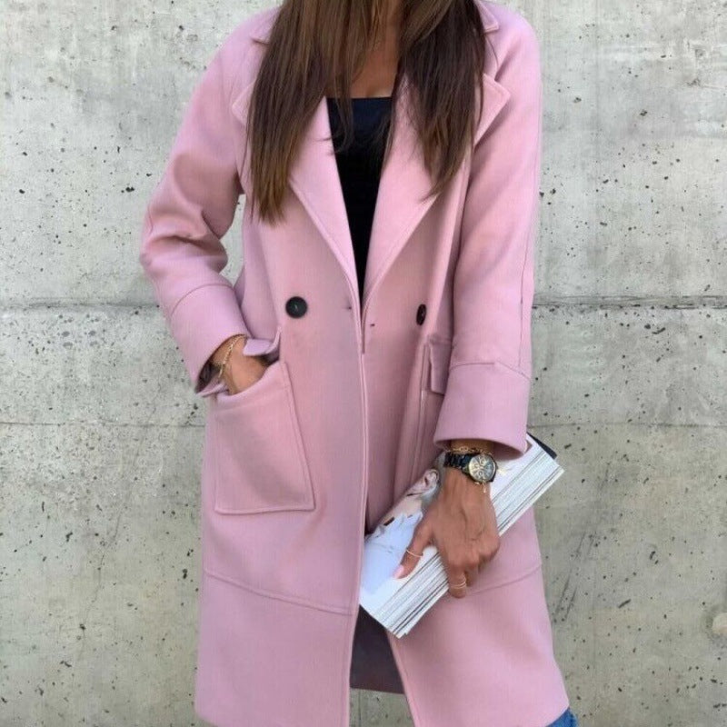Damen Midilanger Wollmix Mantel im Clean-Cut mit Reverskragen und aufgesetzten Taschen – Montévia