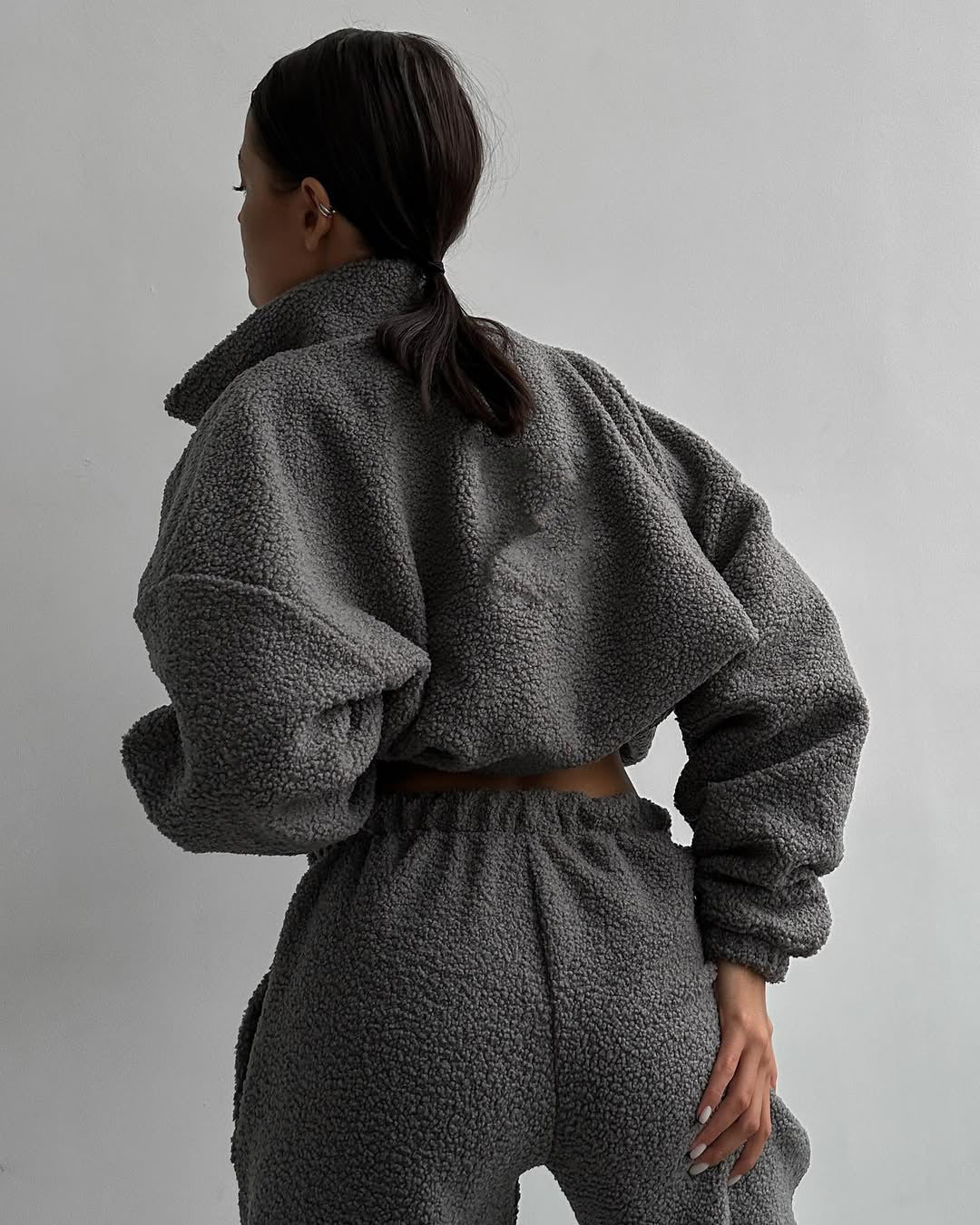 Damen Teddy-Fleece Loungewear-Set mit Reißverschlussjacke und Kordelzug-Hose – Auréline