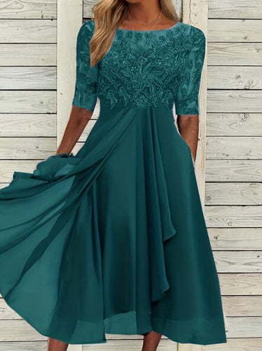 Damen elegantes Chiffon-Spitzenkleid mit Vokuhila-Überwurf und dreiviertelärmeln – Élara
