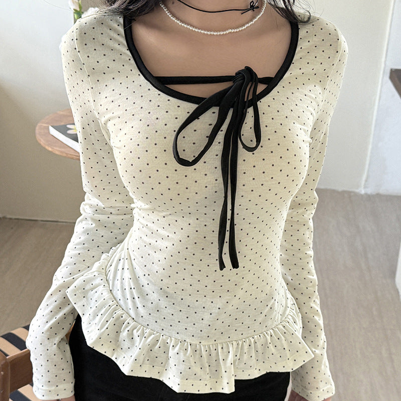 Damen nan tailliertes Longsleeve mit Rüschensaum, Tunnelzug und feinem Punktmuster Echo Archiv