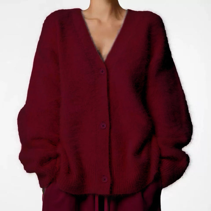 Damen Flauschiger Oversize-Knopfcardigan mit tiefem V-Ausschnitt und Eingrifftaschen – Veloura