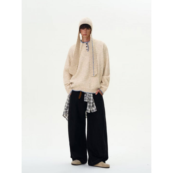 Herren Grobstrick-Henley-Pullover mit Bouclé-Optik und kontrastierten Bündchen Echoarchiv