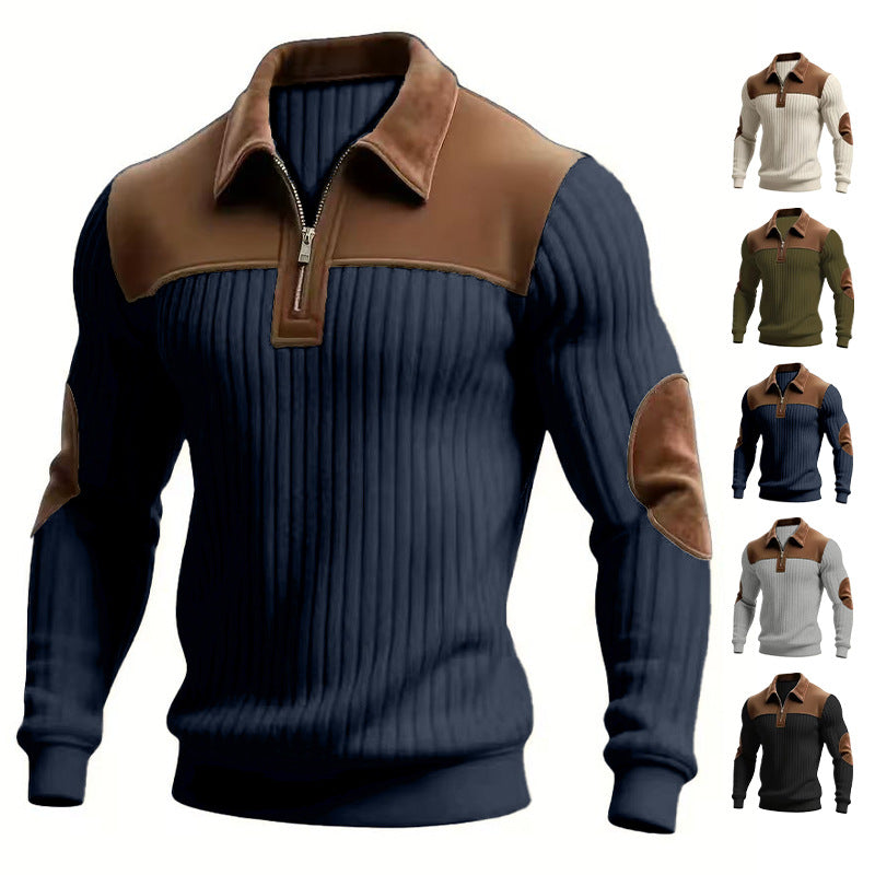 Herren nan gerippter Halbzip-Pullover mit kontrastierenden Lederapplikationen an Schultern und Ellenbogen Echo Archiv