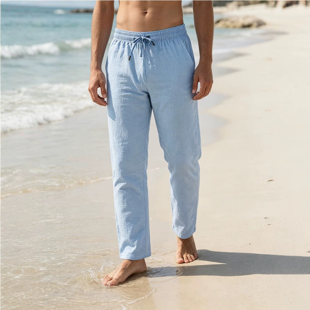 Herren Leichte Leinen-Baumwoll-Hose mit Tunnelzug, elastischem Bund und geradem Schnitt Echoarchiv