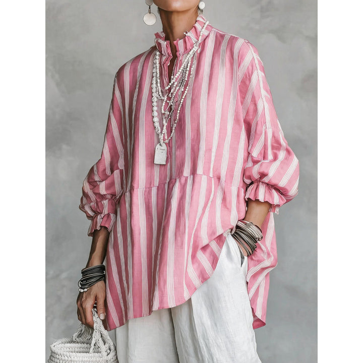 Damen Gestreifte Oversize-Tunika mit Rüschkragen und Ballonärmeln – Avérine