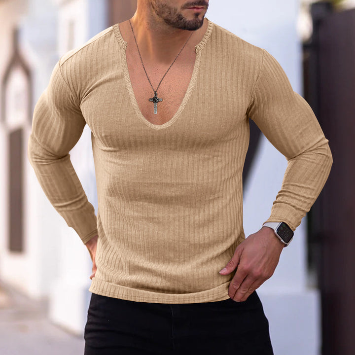 Herren langarm V-Ausschnitt Shirt mit strukturiertem Design Echoarchiv