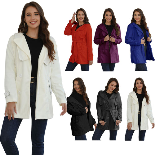 Damen Doppelreihiger Trenchcoat mit Kapuze, Taillengürtel & breitem Revers Echoarchiv