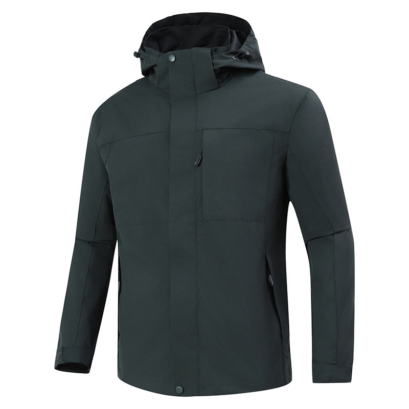 Herren Minimalistische wasserdichte Softshell‑Jacke mit kontrastfutter, verstellbarer Kapuze und verdeckten Reißverschlüssen Echoarchiv