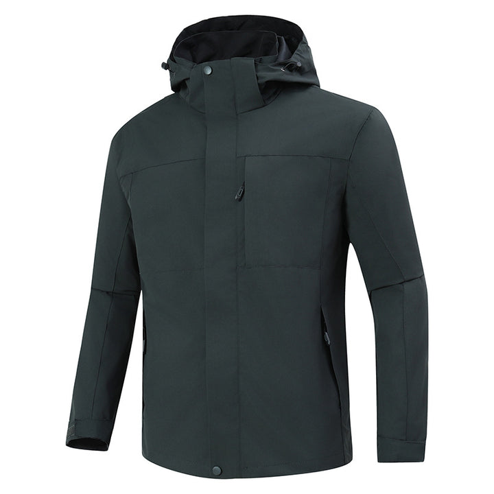 Herren Minimalistische wasserdichte Softshell‑Jacke mit kontrastfutter, verstellbarer Kapuze und verdeckten Reißverschlüssen Echoarchiv