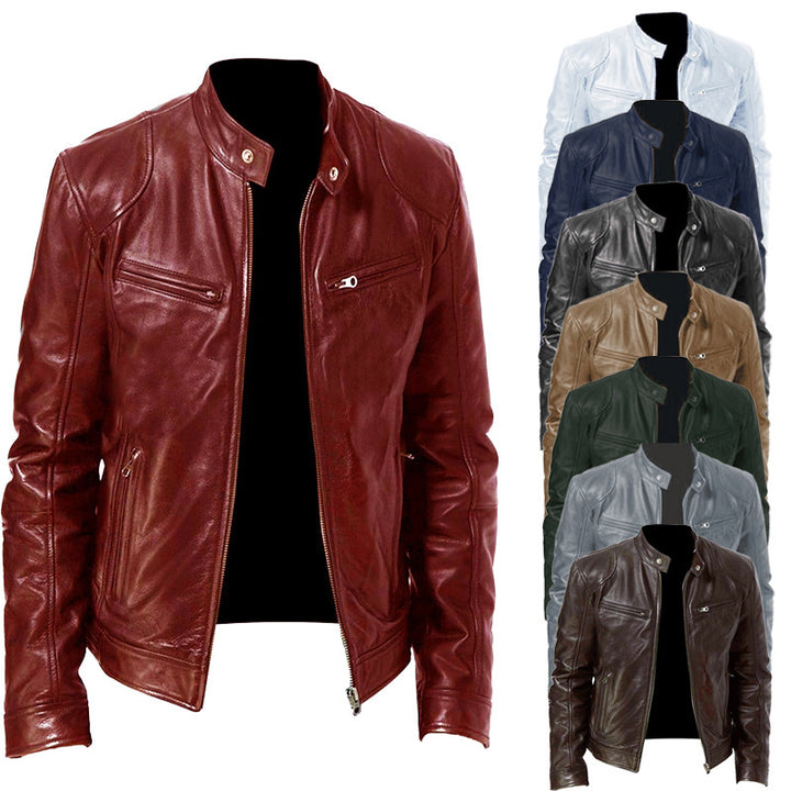 Herren nan schlanke Echtleder-Bikerjacke mit Stehkragen, zwei Brust-Reißverschlusstaschen und geradliniger Silhouette Echo Archiv