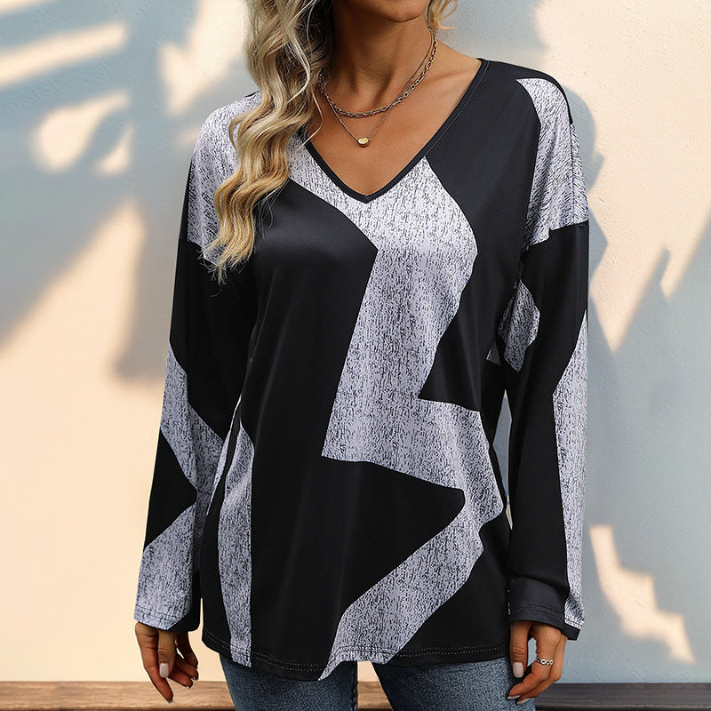 Damen Oversize V-Ausschnitt-Shirt mit abstraktem Grafikprint und leichtem Fall Echoarchiv