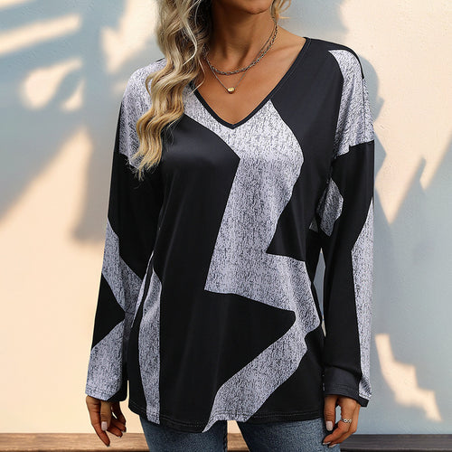 Damen Oversize V-Ausschnitt-Shirt mit abstraktem Grafikprint und leichtem Fall Echoarchiv
