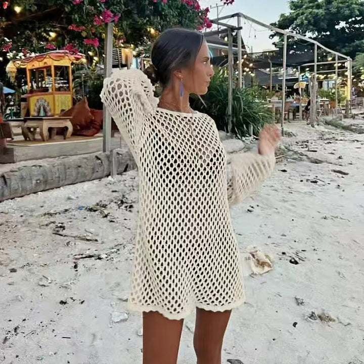 Damen luftiger Häkel-Strandüberwurf mit weiten Ärmeln und asymmetrischem Saum Echo Archiv